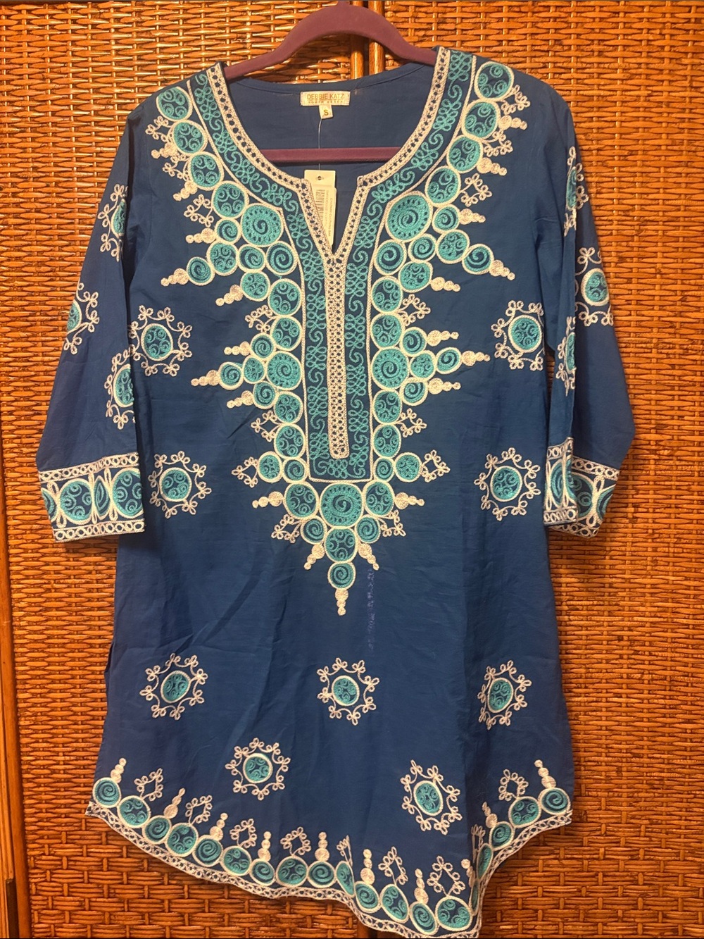 Debbie Katz Embroidered Blue Tunic Beach Dress with turquoise & white NWT sz S